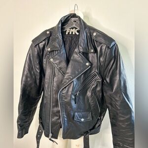 Vintage FMC Black Leather Motorcycle Jacket Mens Size 48 Perfect Condition